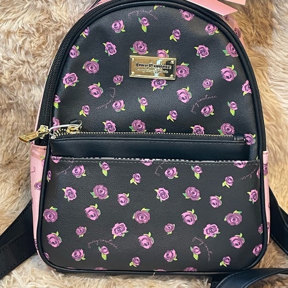 NWT 3-Pcs Set Juicy Couture Backpack, Pouch, & Card Case, Black Blooms at Night